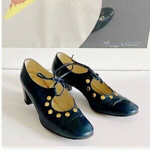 Vintage Roger Vivier Navy Blue Leather Ghillie Pumps with Metal Ornamentation, N